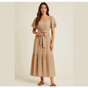 Sim & Sam maxi 100% cotton dress w belt beige Sz M